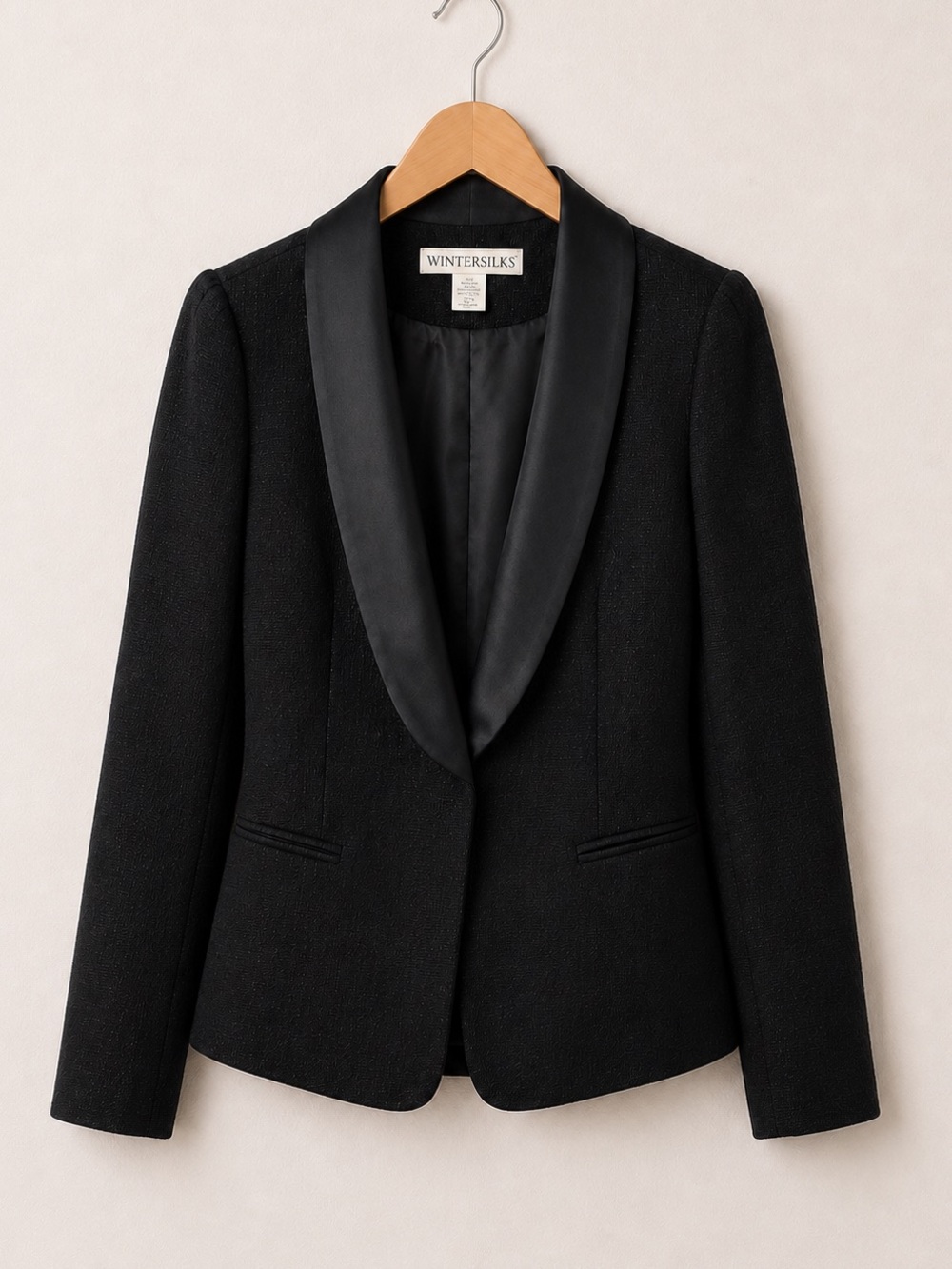 WINTERSILKS Black Textured Single Button Tuxedo Blazer with Satin Shawl Lapel